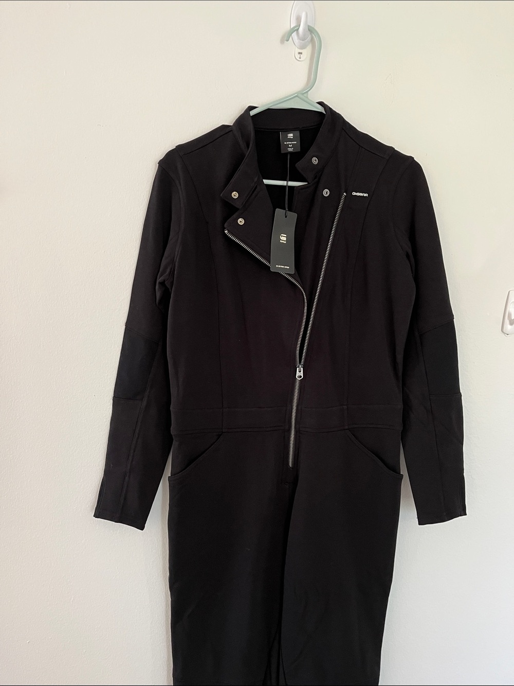 GSTAR (RAW) Black Moto-Style Jumpsuit with Asymmetrical Zipper